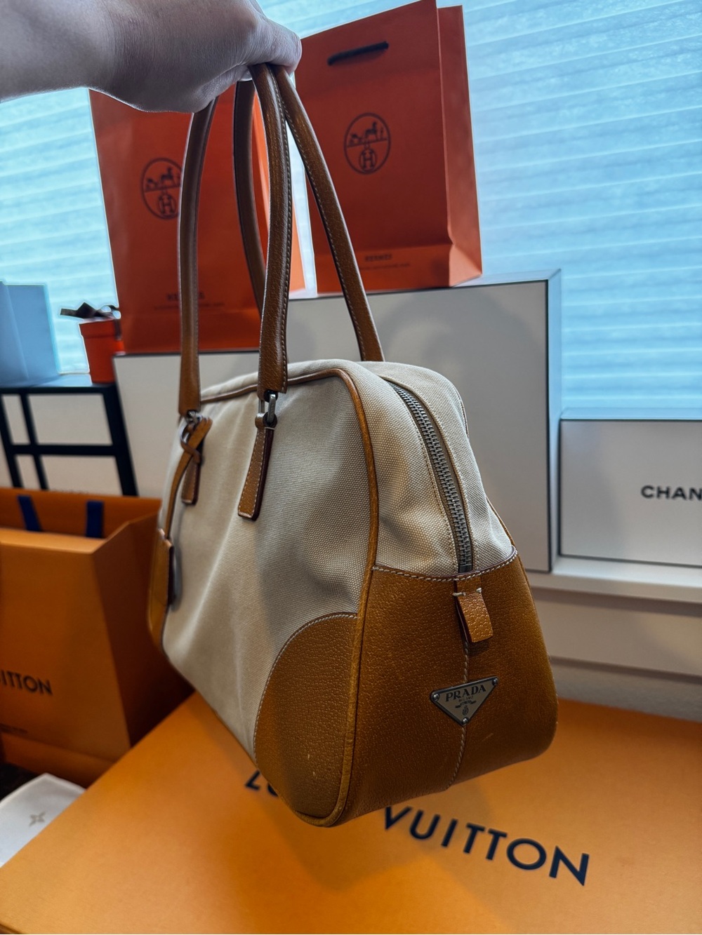 Prada Beige Logo and Tan Canvas Top-Handle Bag Lock & Key